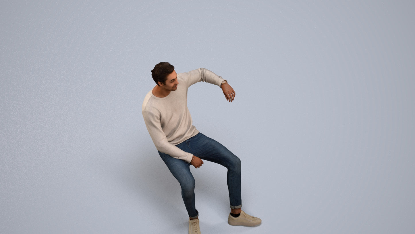 photogrammetry 3D man casual sitting, realistic human model archviz FBX, back view render
