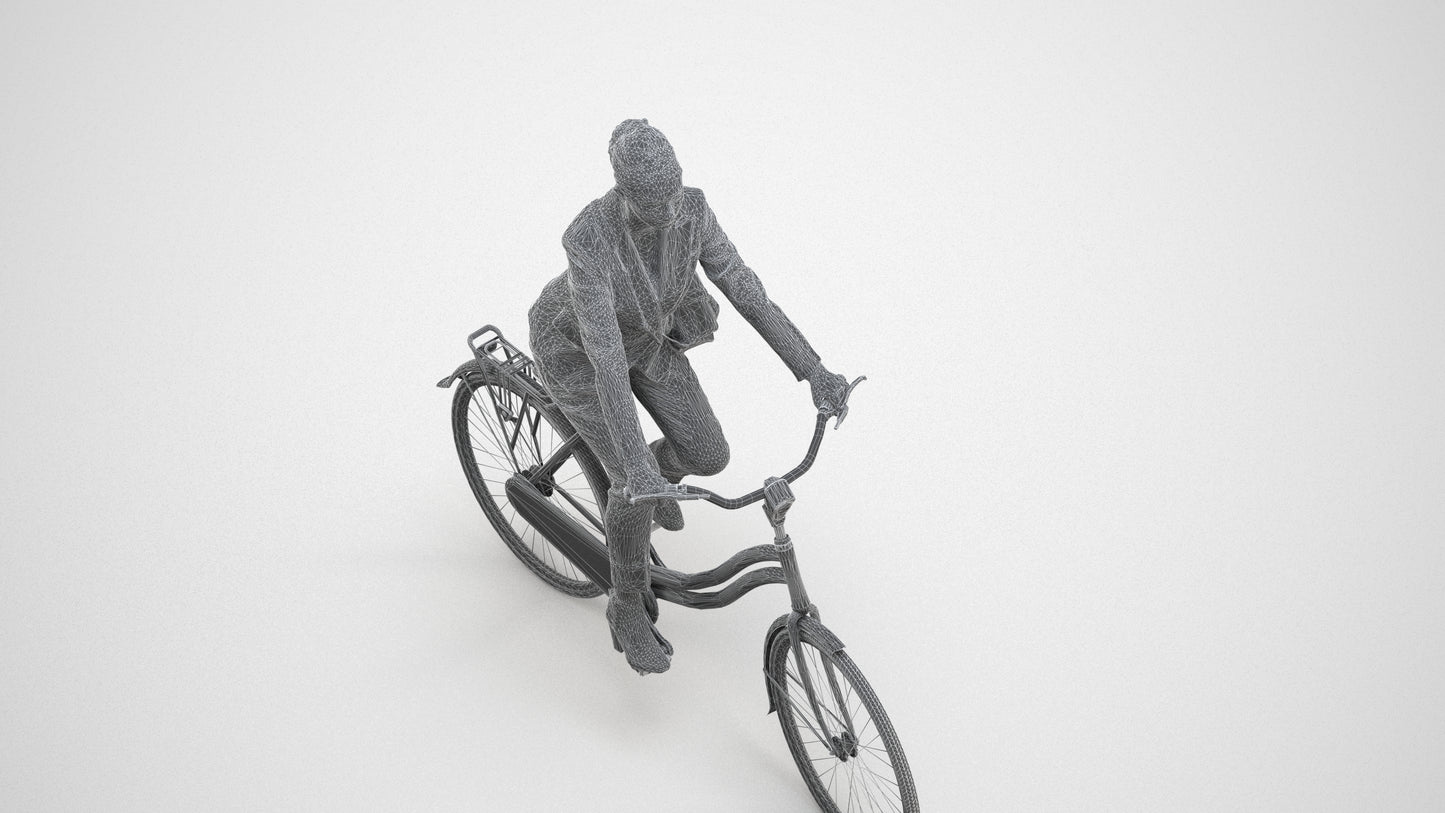 3D human model woman business cycling, photogrammetry scanned person for archviz, wireframe three-quarter view