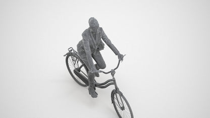 3D human model woman business cycling, photogrammetry scanned person for archviz, wireframe three-quarter view
