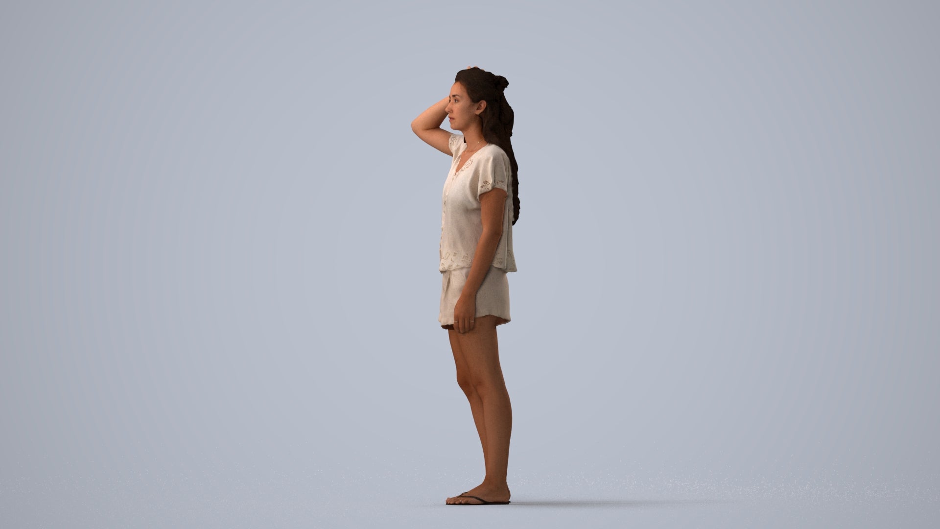 photogrammetry 3D woman casual standing, realistic human model archviz FBX, three-quarter view render