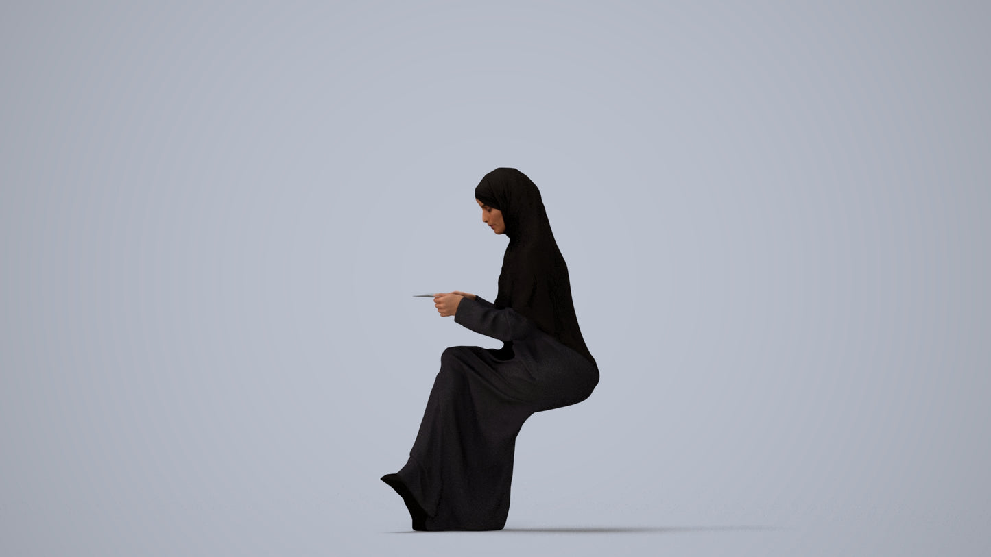 realistic 3D woman sitting, scanned archviz people for Blender and 3ds Max, three-quarter view render