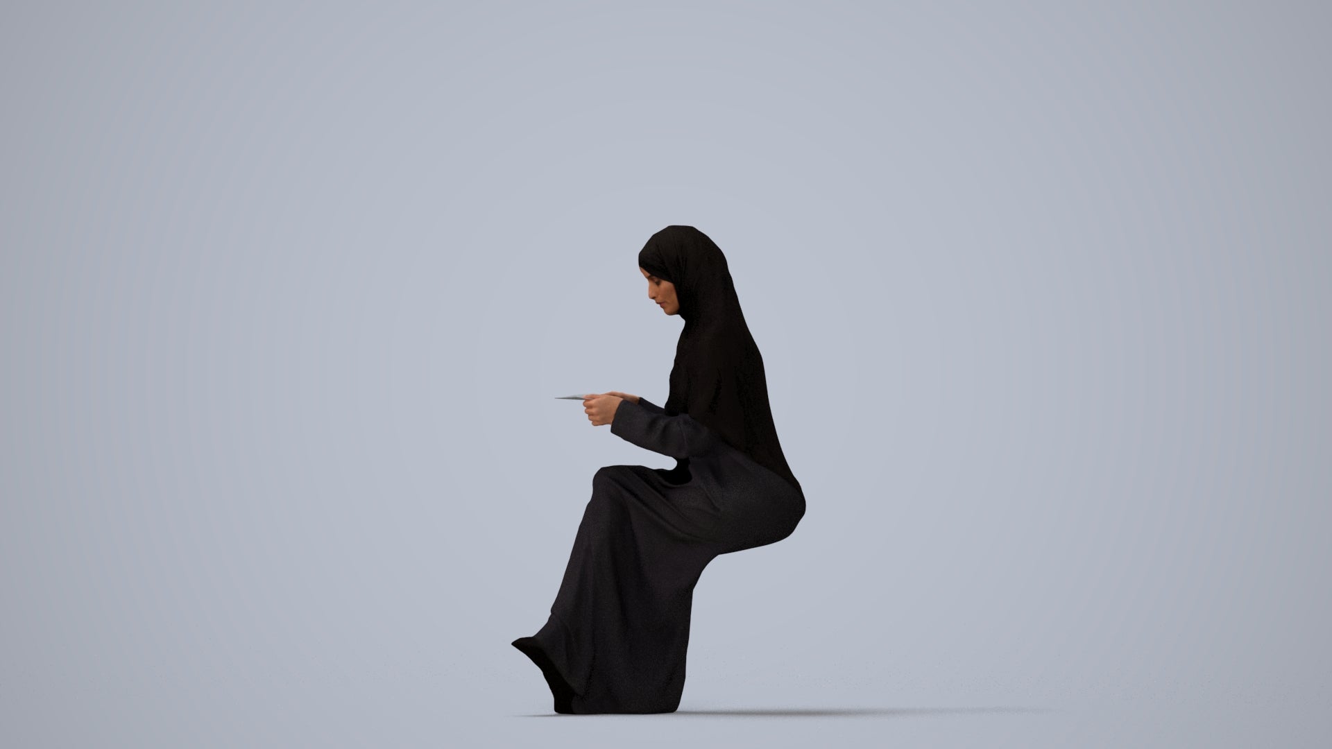 realistic 3D woman sitting, scanned archviz people for Blender and 3ds Max, three-quarter view render