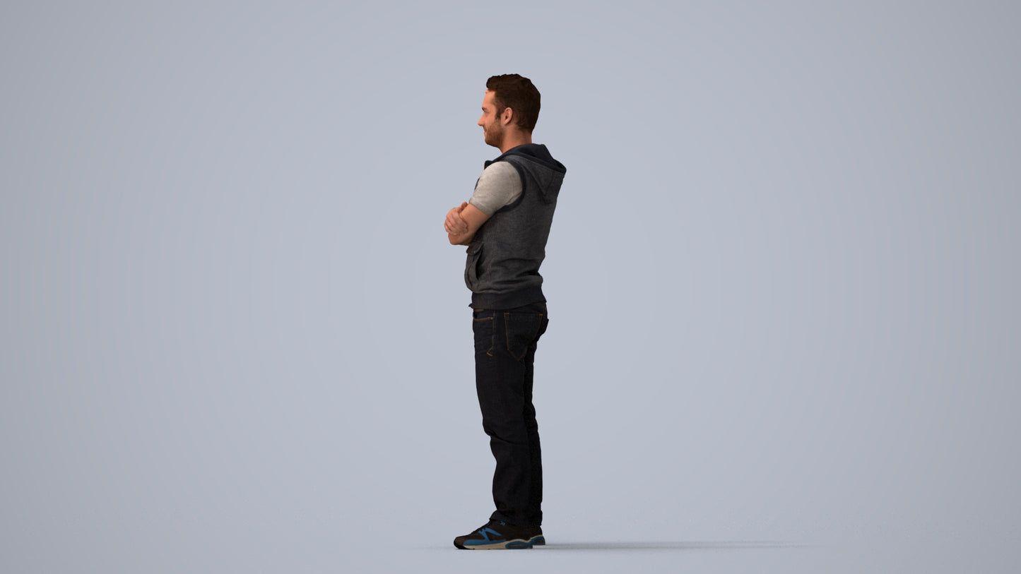 realistic 3D man casual standing, scanned archviz people for Blender and 3ds Max, three-quarter view render