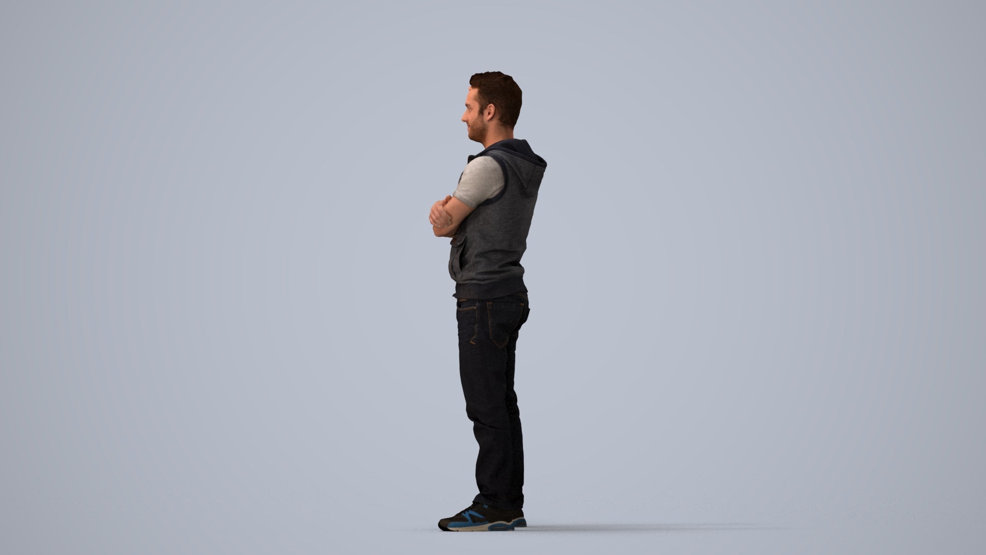 realistic 3D man casual standing, scanned archviz people for Blender and 3ds Max, three-quarter view render