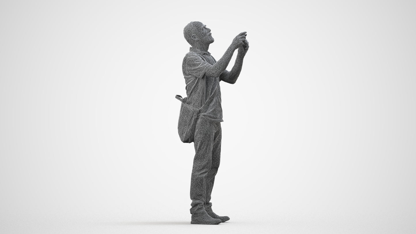3D people model senior man casual standing, scanned human for 3ds Max rendering, wireframe side view