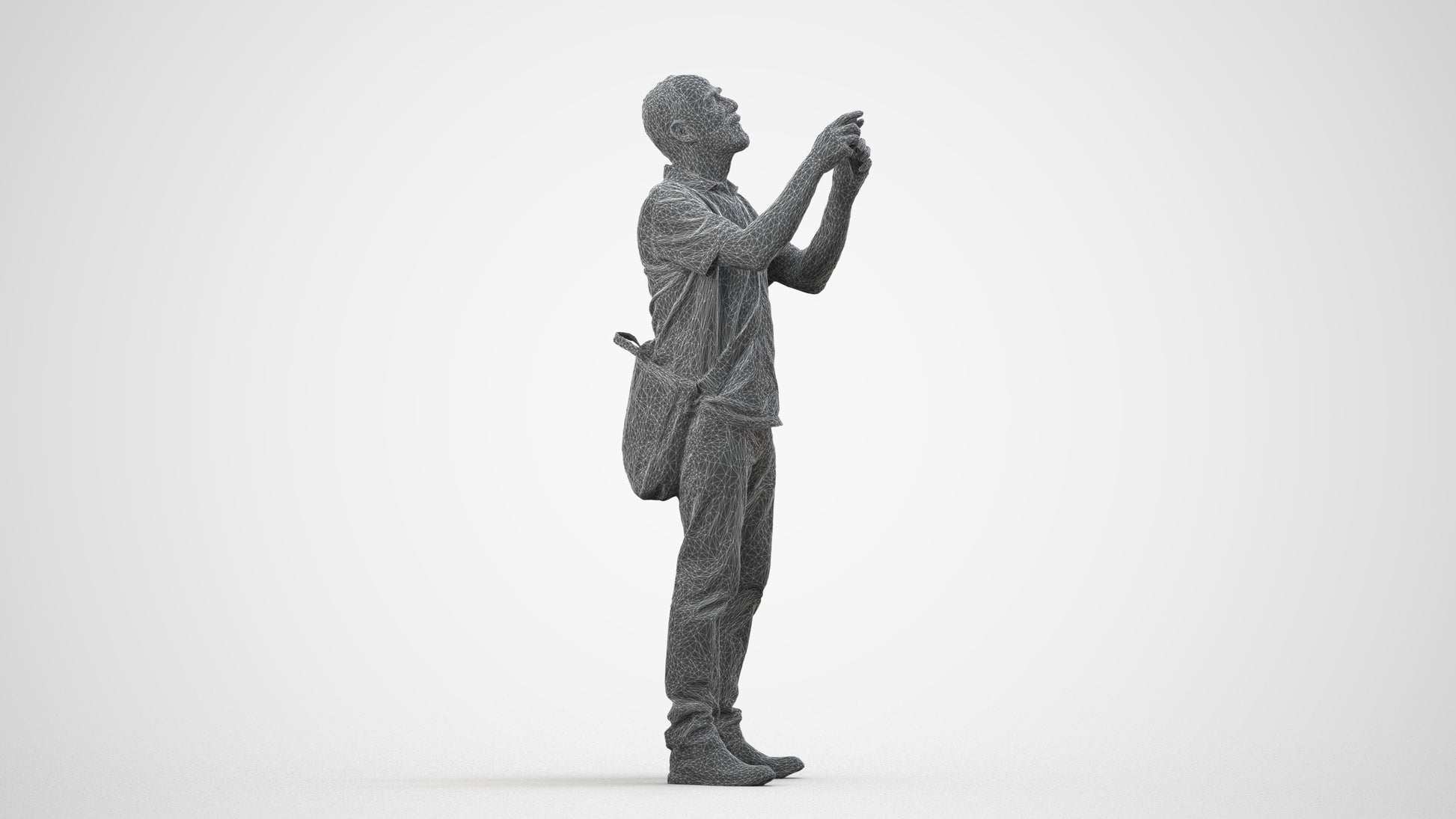 3D people model senior man casual standing, scanned human for 3ds Max rendering, wireframe side view