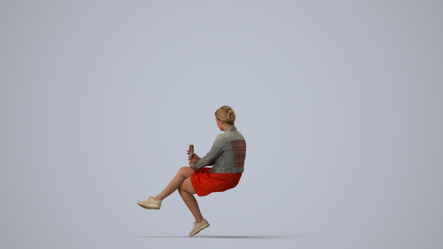 3D people model woman casual sitting, scanned human for 3ds Max rendering, three-quarter view render