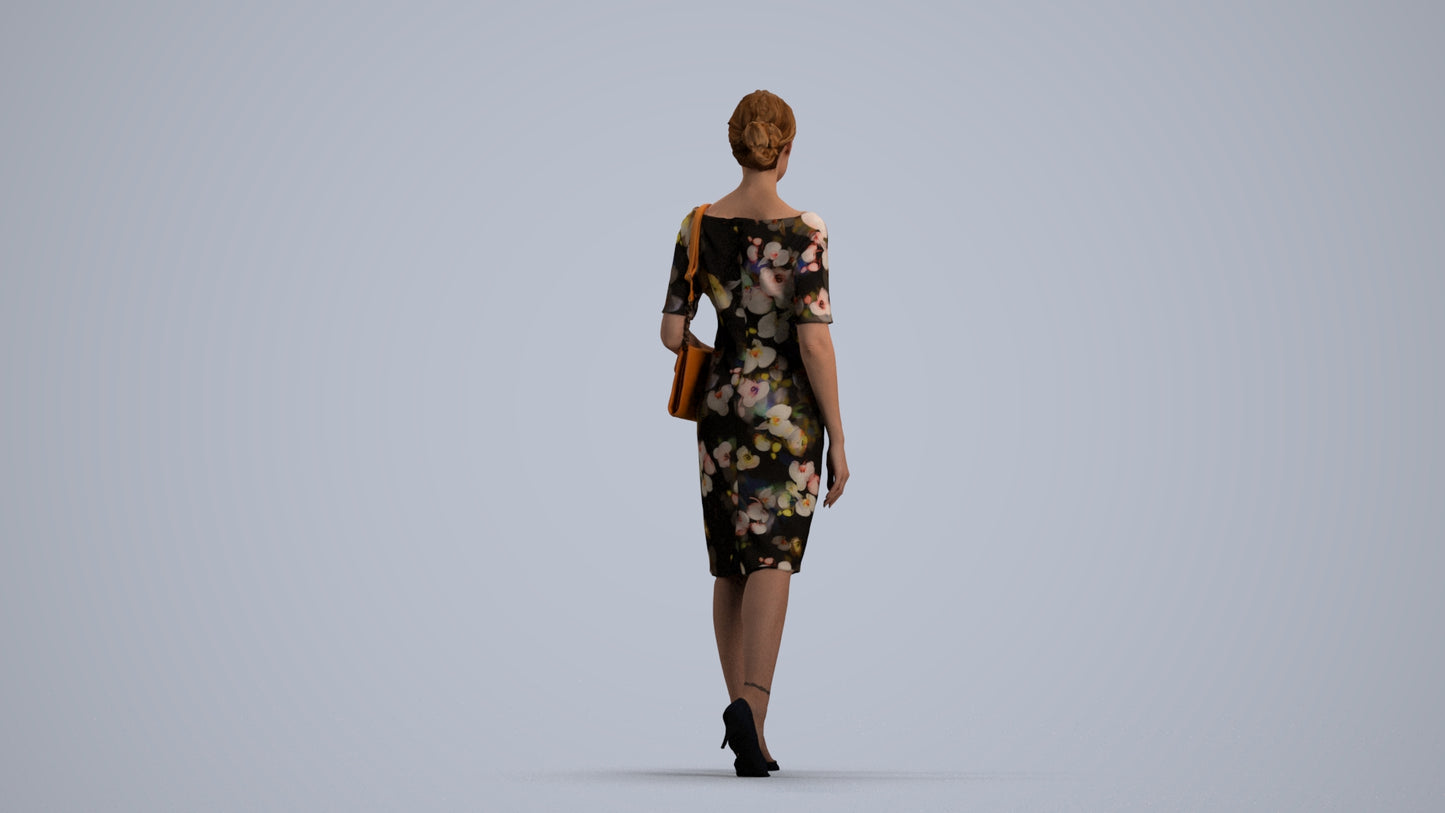 realistic 3D woman casual walking, scanned archviz people for Blender and 3ds Max, front view render