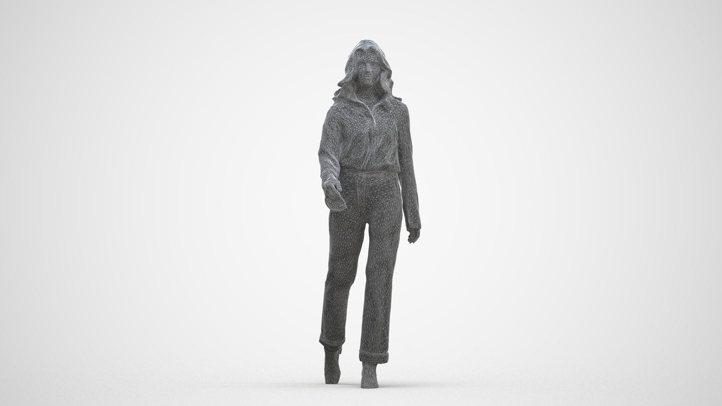 3D human model woman casual walking, photogrammetry scanned person for archviz, three-quarter front view render