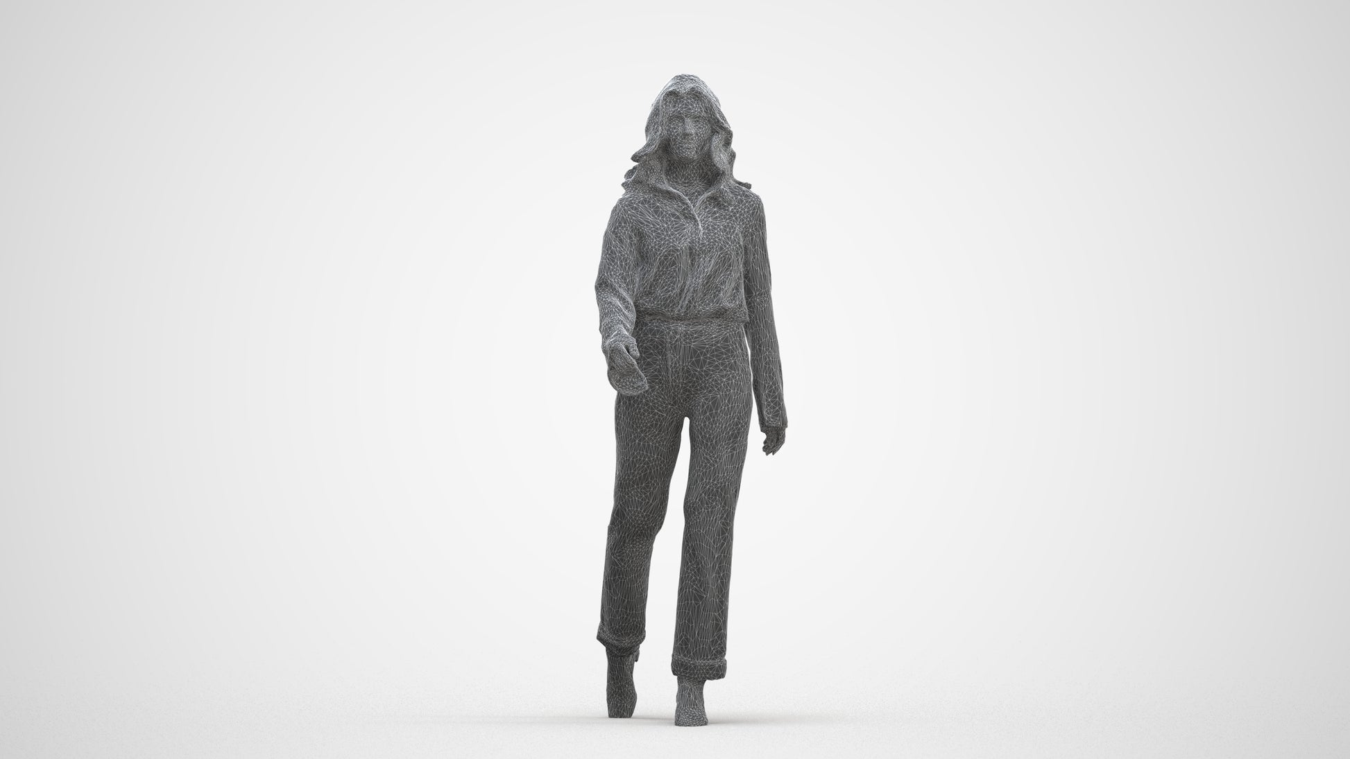 3D human model woman casual walking, photogrammetry scanned person for archviz, three-quarter front view render
