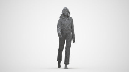 3D human model woman casual walking, photogrammetry scanned person for archviz, three-quarter front view render