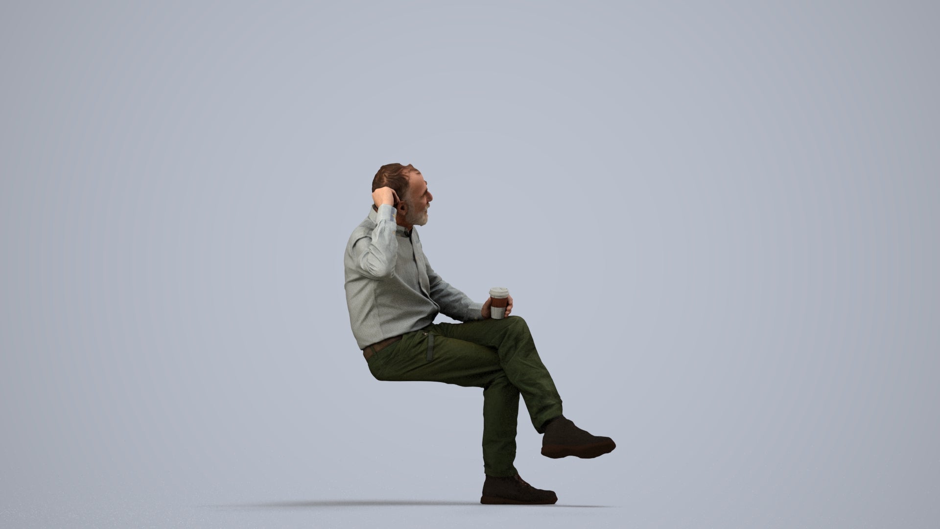 realistic 3D people senior man casual sitting, render-ready for V-Ray and Corona, FBX OBJ, side view render