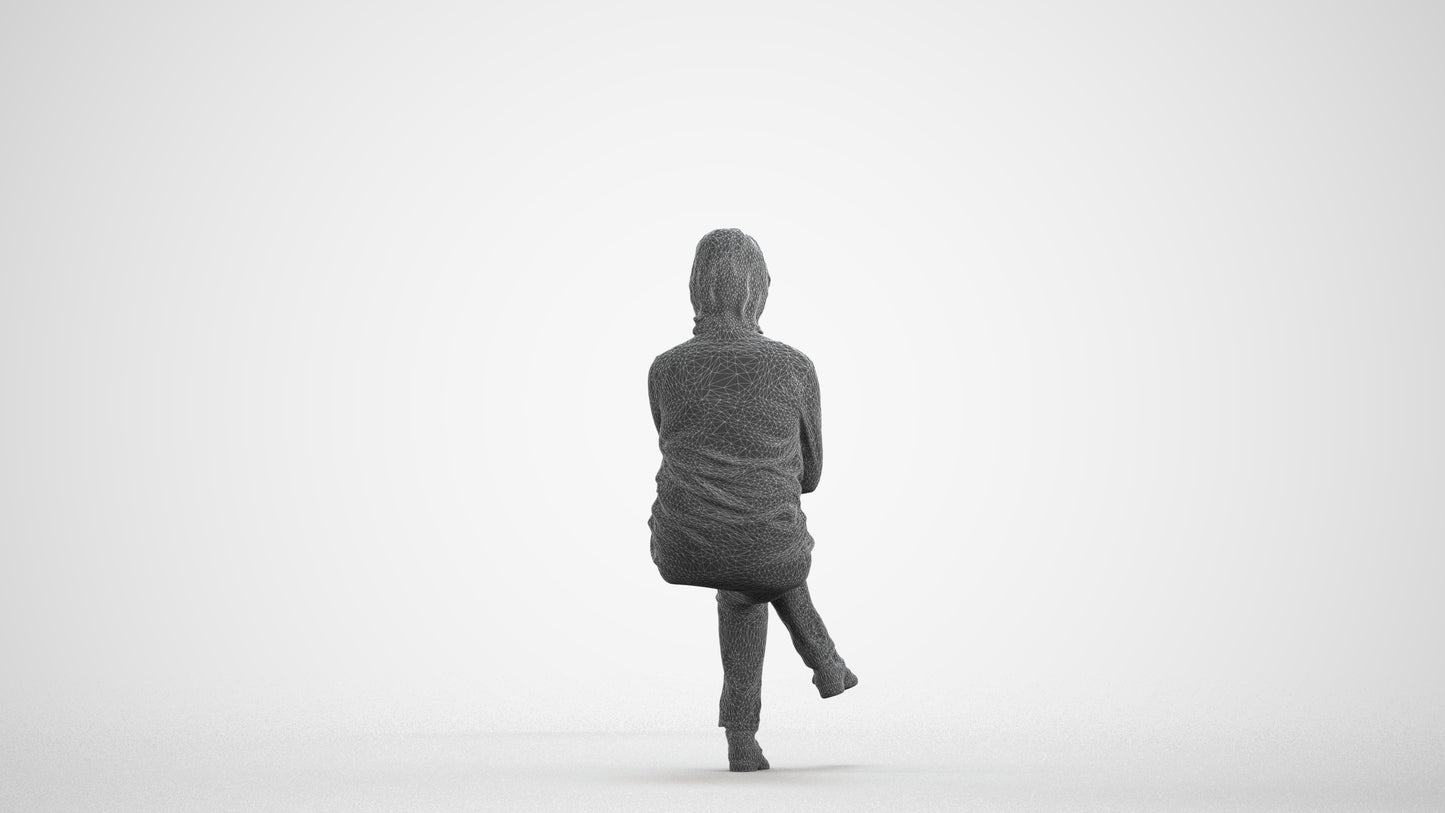scanned 3D woman casual sitting, photogrammetry people for Enscape and V-Ray, wireframe front view