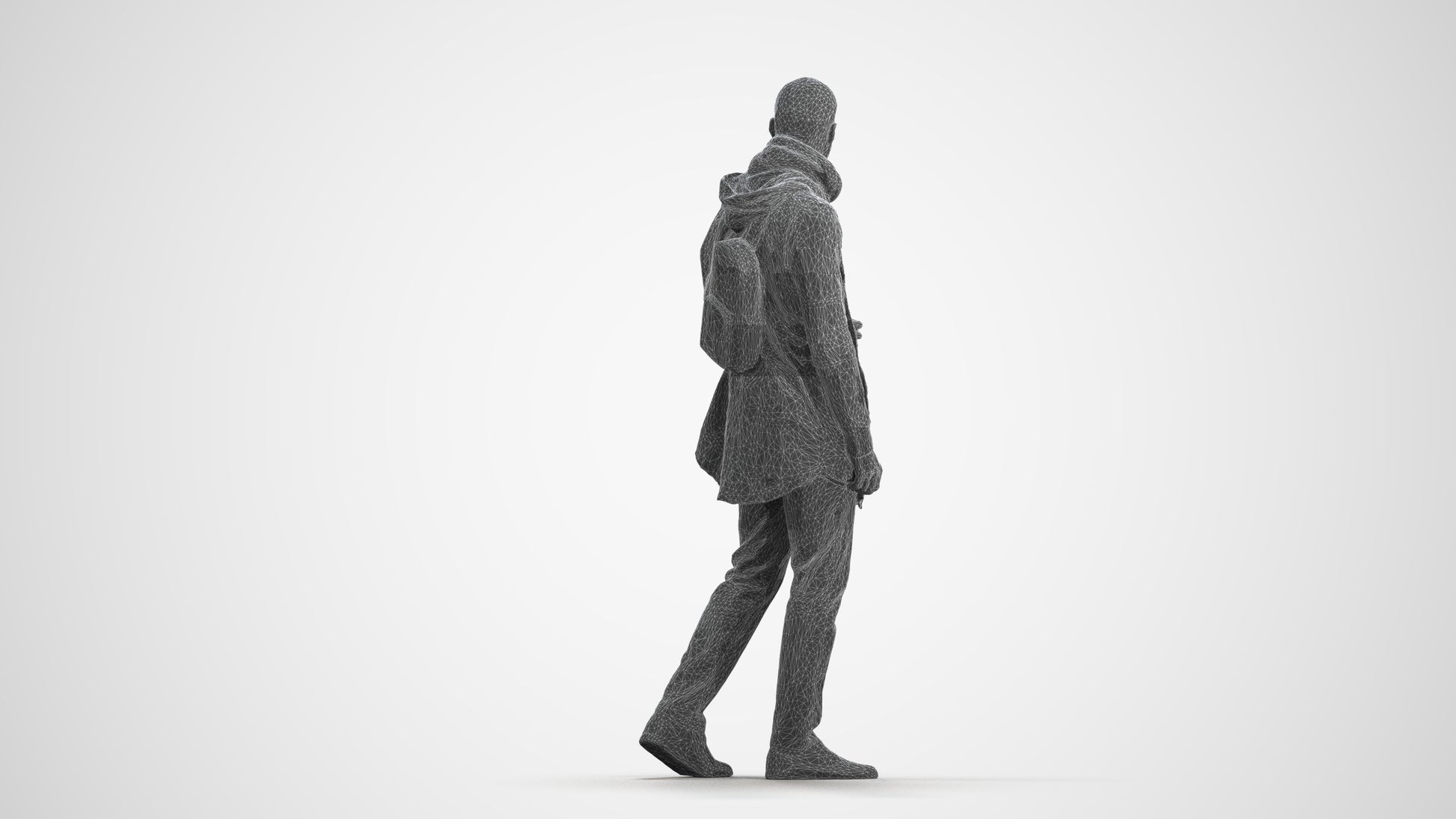 realistic 3D man casual walking, scanned archviz people for Blender and 3ds Max, wireframe front view