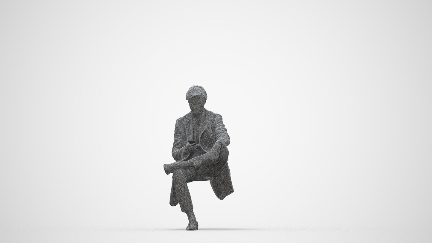 3D people model man business sitting, scanned human for 3ds Max rendering, wireframe back view