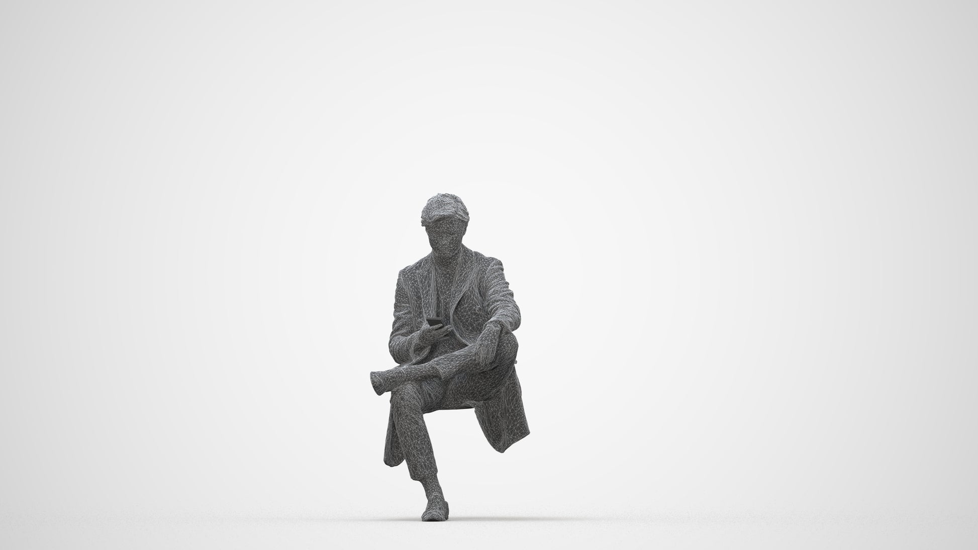 3D people model man business sitting, scanned human for 3ds Max rendering, wireframe back view