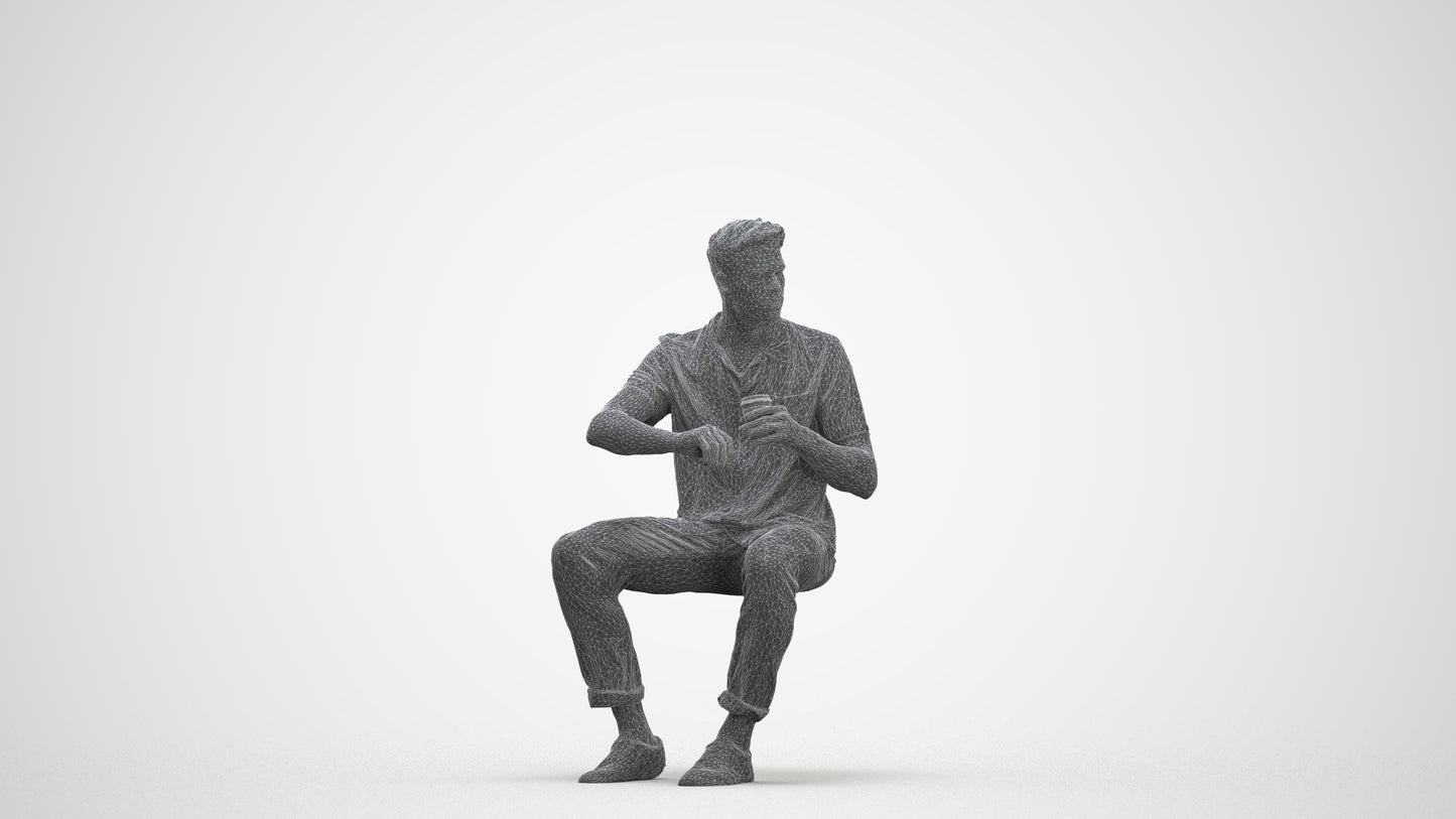 3D people model man casual sitting, scanned human for 3ds Max rendering, three-quarter front view render