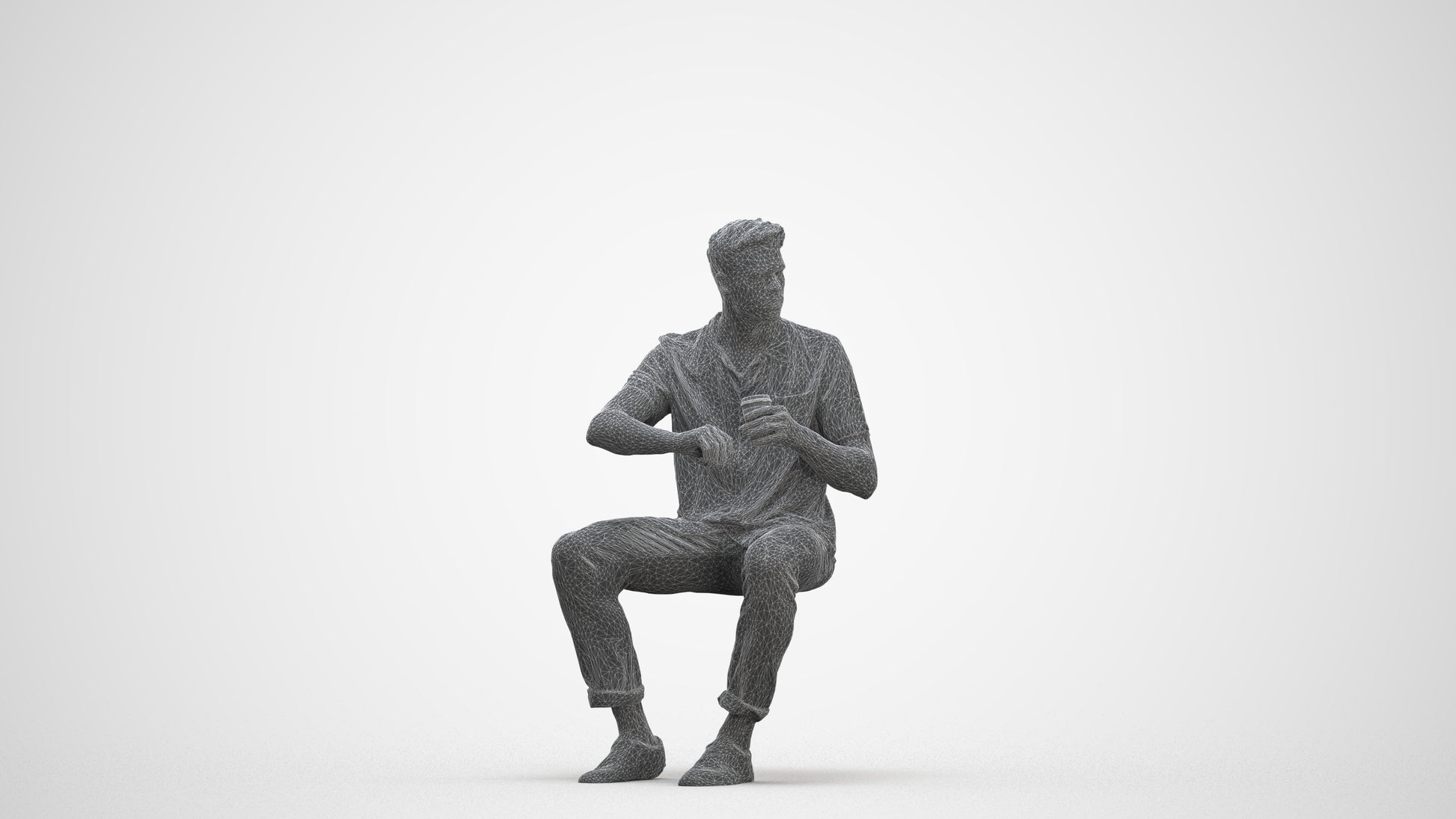 3D people model man casual sitting, scanned human for 3ds Max rendering, three-quarter front view render