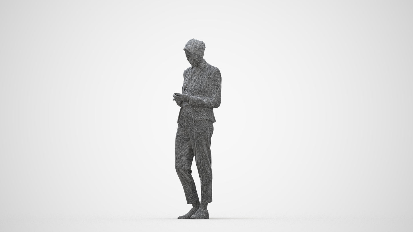 3D human model woman business standing, photogrammetry scanned person for archviz, wireframe back view