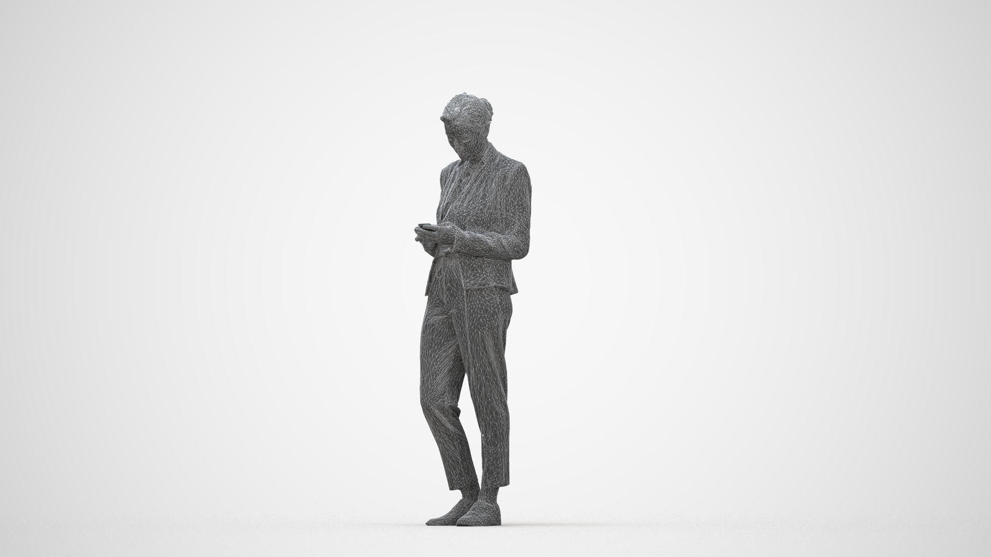 3D human model woman business standing, photogrammetry scanned person for archviz, wireframe back view