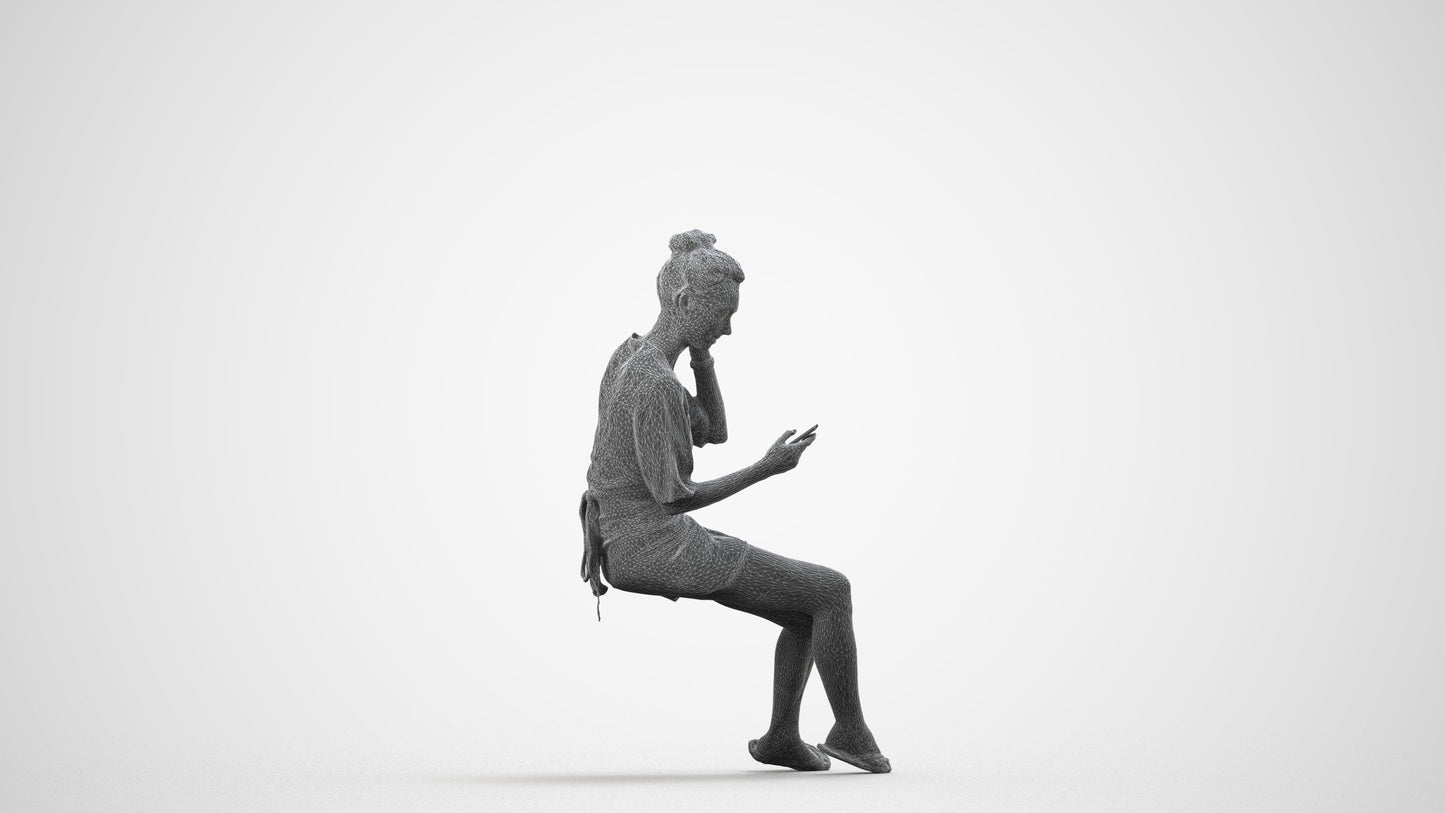 3D human model woman casual sitting, photogrammetry scanned person for archviz, wireframe side view