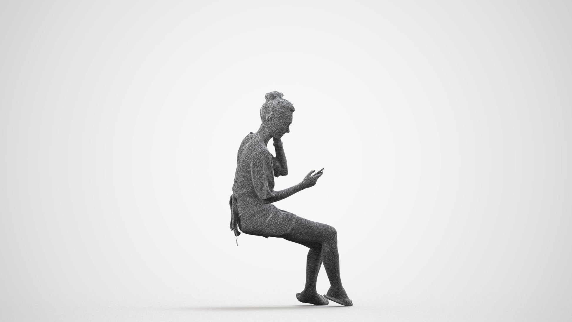3D human model woman casual sitting, photogrammetry scanned person for archviz, wireframe side view