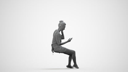 3D human model woman casual sitting, photogrammetry scanned person for archviz, wireframe side view