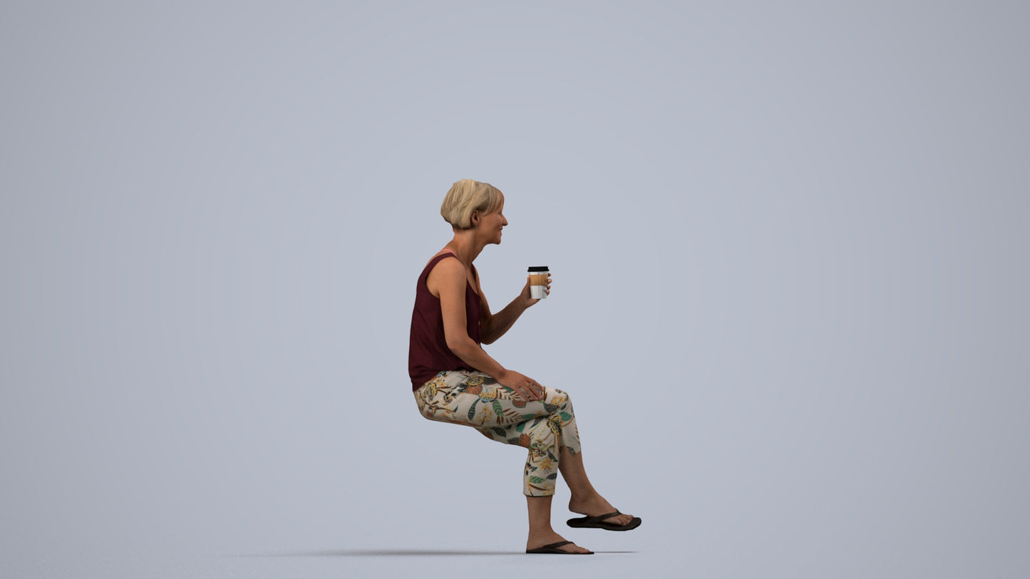 3D human model senior woman sitting, photogrammetry scanned person for archviz, side view render