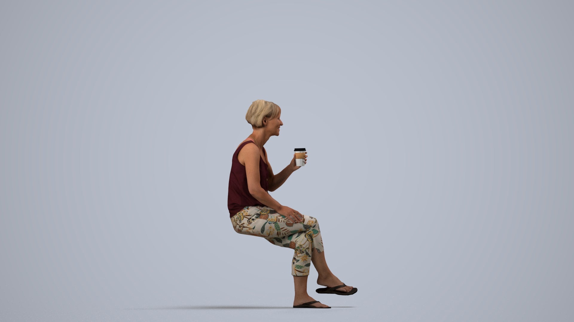 3D human model senior woman sitting, photogrammetry scanned person for archviz, side view render