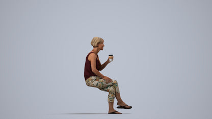 3D human model senior woman sitting, photogrammetry scanned person for archviz, side view render