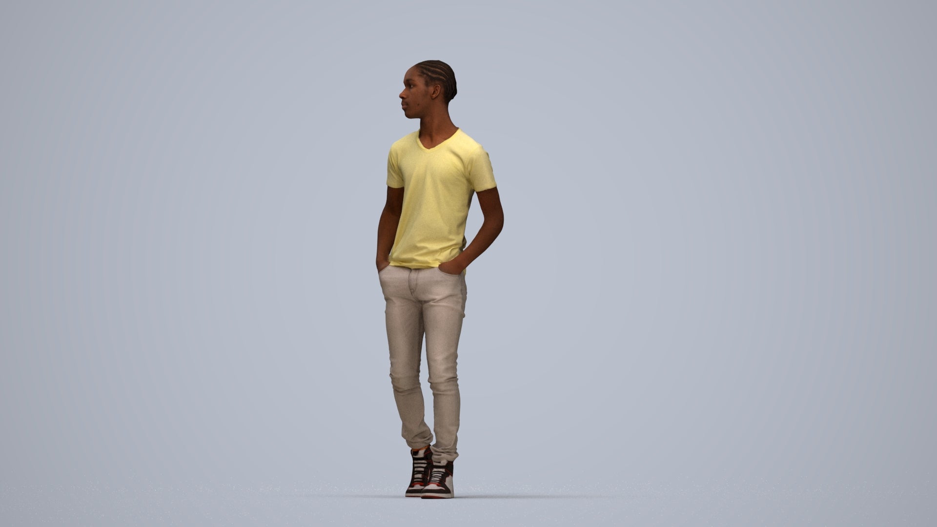 3D human model boy casual kids, photogrammetry scanned person for archviz, top-down view render
