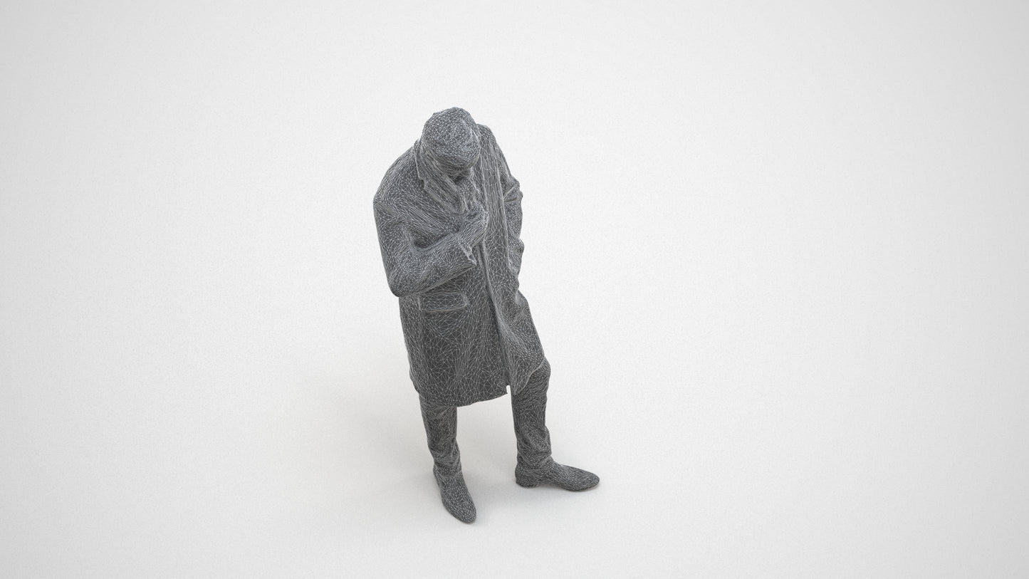 3D human model man standing, photogrammetry scanned person for archviz, wireframe three-quarter view