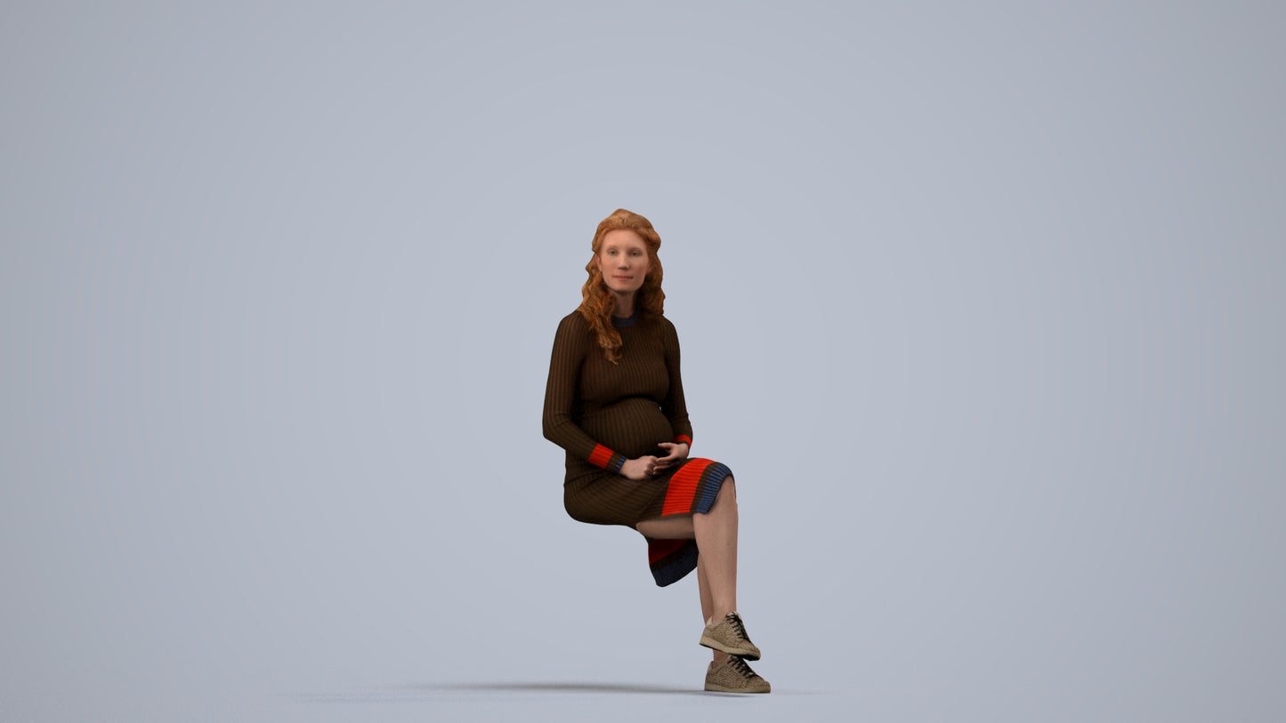 3D human model woman casual sitting, photogrammetry scanned person for archviz, side view render