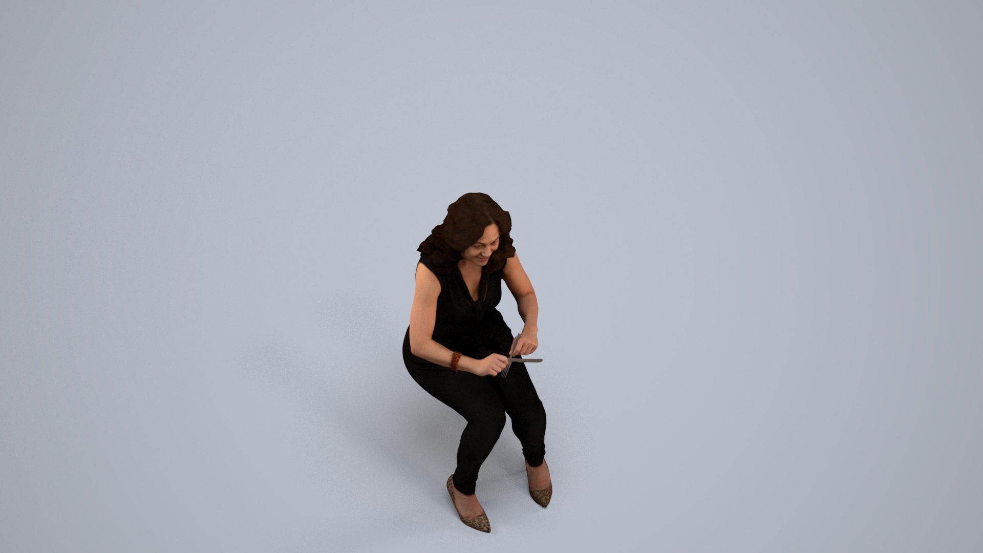 3D human model woman casual sitting, photogrammetry scanned person for archviz, back view render