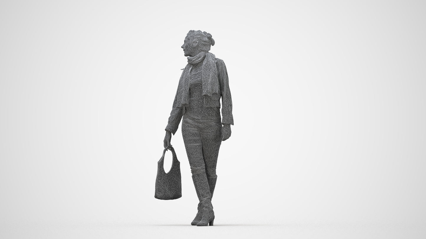 3D human model woman casual walking, photogrammetry scanned person for archviz, wireframe back view