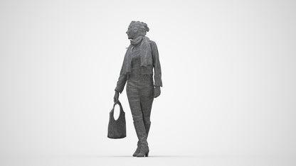 3D human model woman casual walking, photogrammetry scanned person for archviz, wireframe back view