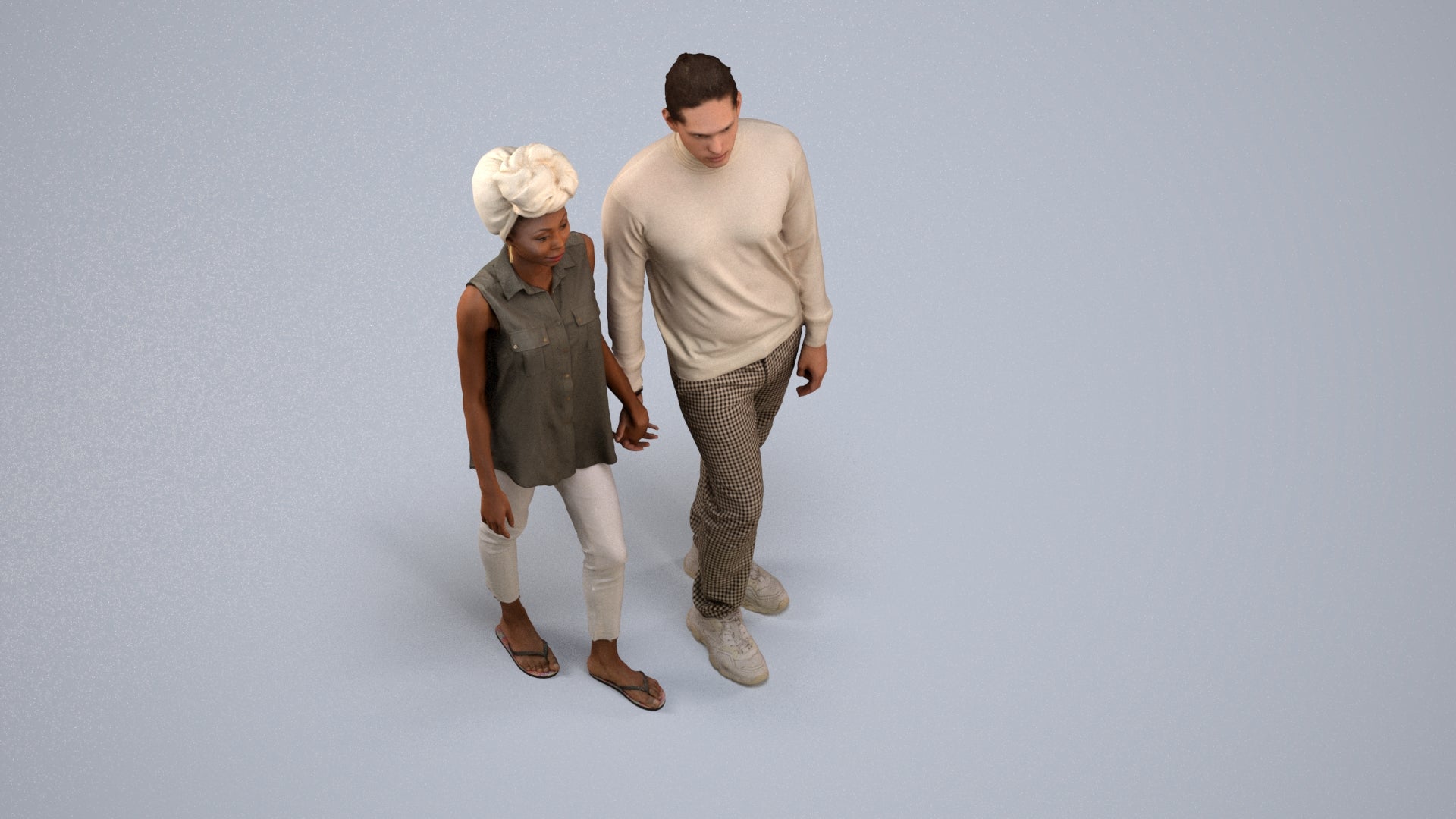 3D human model woman casual couple, photogrammetry scanned person for archviz, back view render