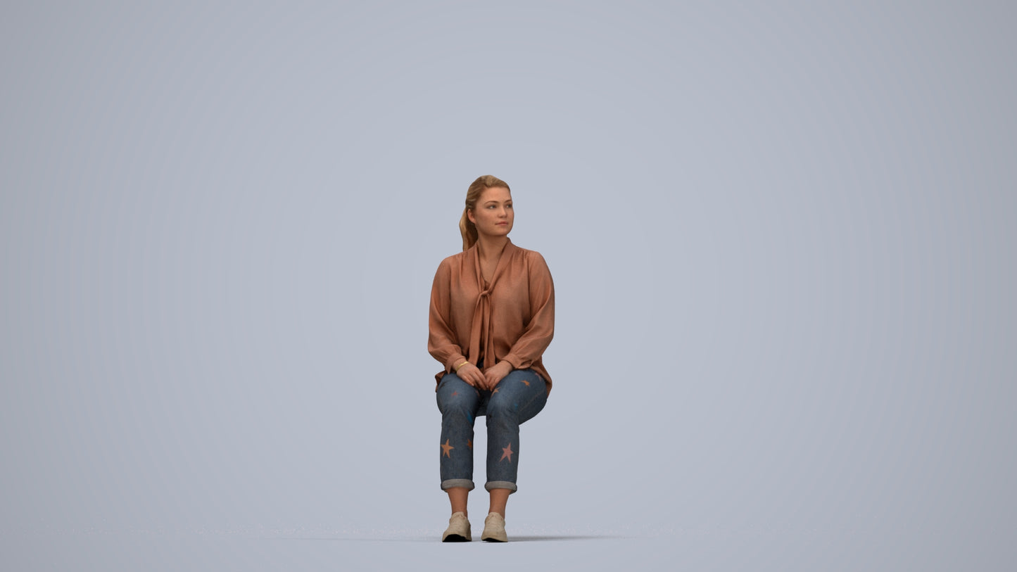 realistic 3D people woman casual sitting, render-ready for V-Ray and Corona, FBX OBJ, top-down view render