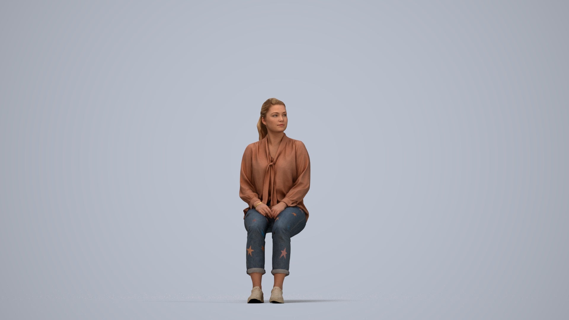 realistic 3D people woman casual sitting, render-ready for V-Ray and Corona, FBX OBJ, top-down view render