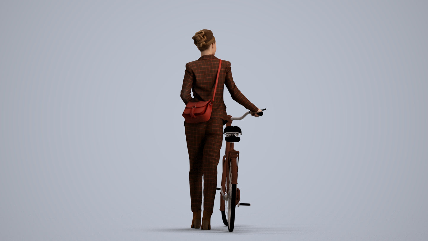 realistic 3D human woman business cycling, archviz people FBX OBJ for Blender, front view render