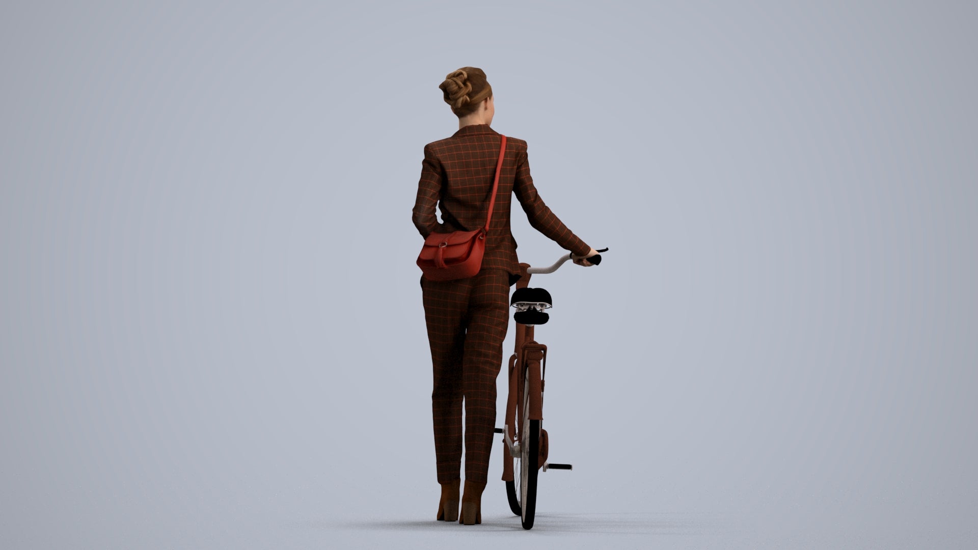 realistic 3D human woman business cycling, archviz people FBX OBJ for Blender, front view render