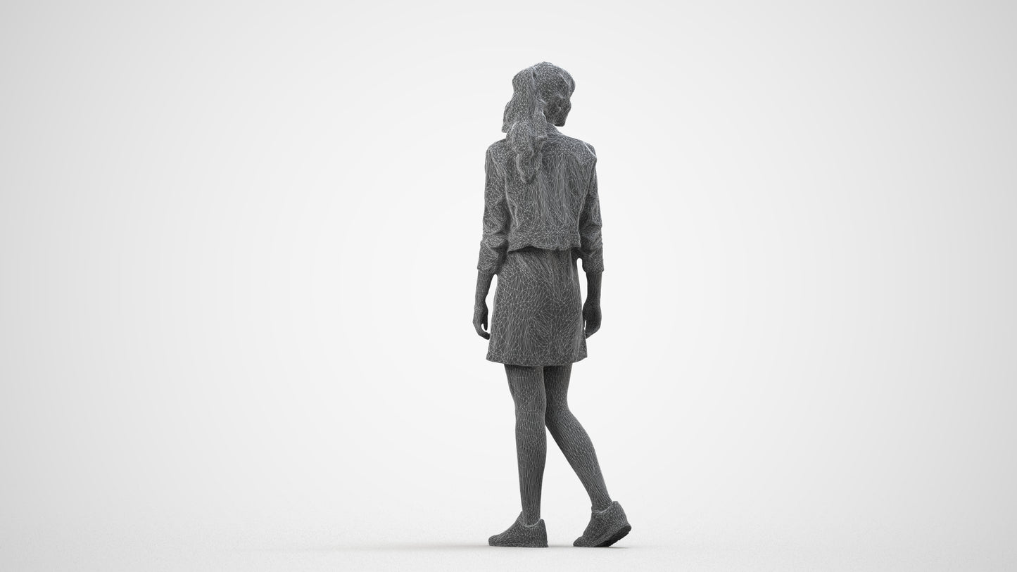 realistic 3D woman casual walking, scanned archviz people for Blender and 3ds Max, wireframe side view