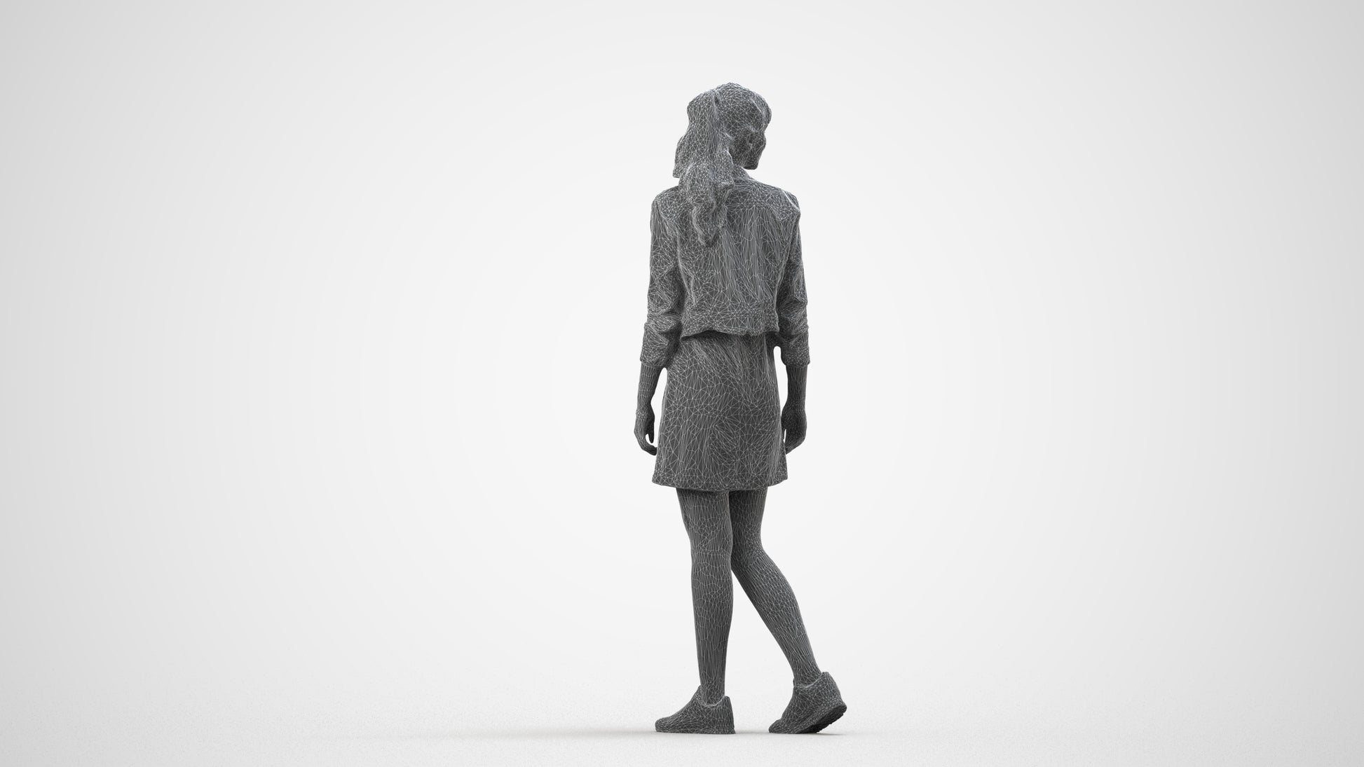 realistic 3D woman casual walking, scanned archviz people for Blender and 3ds Max, wireframe side view
