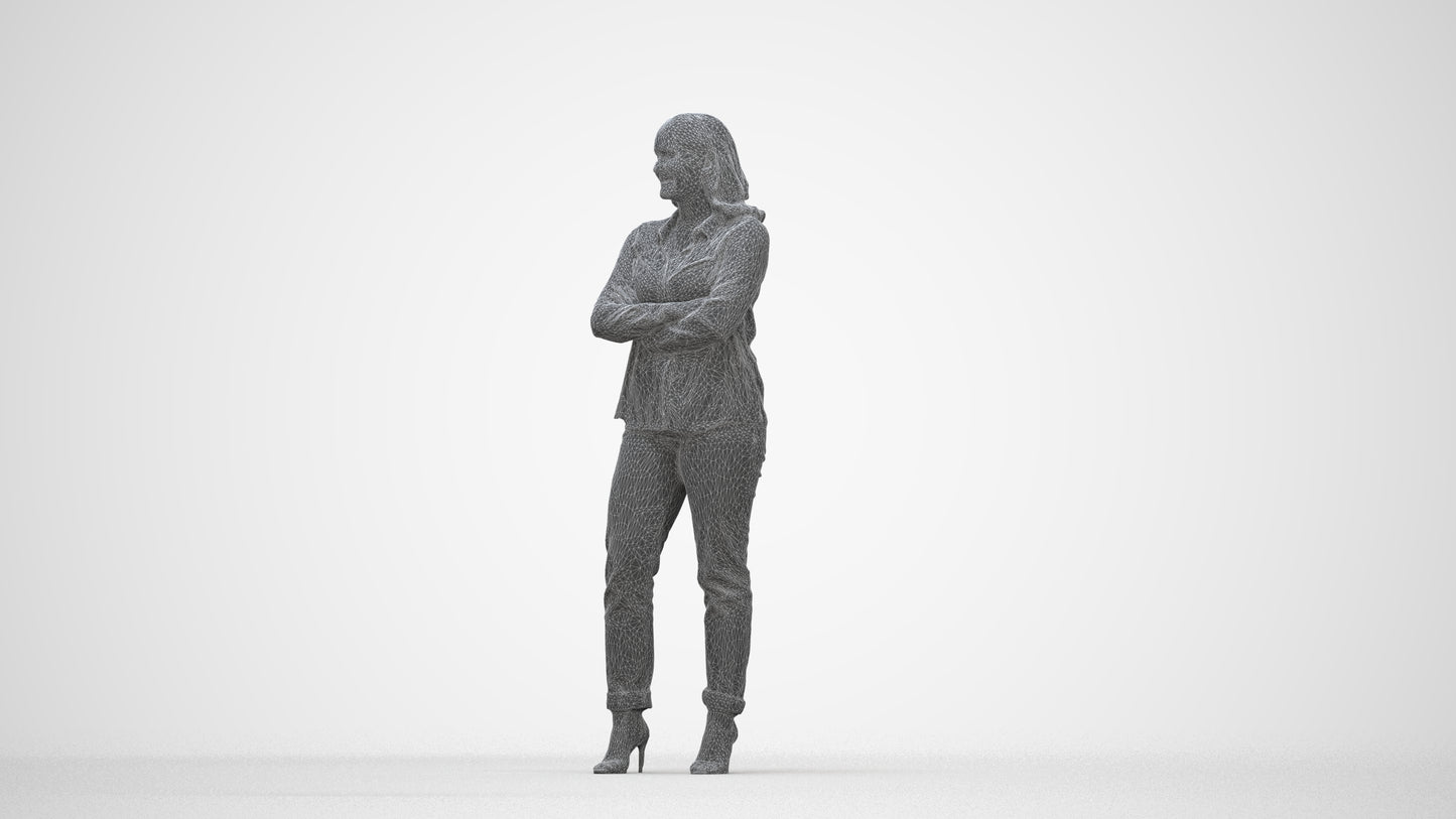 3D scanned woman standing casual, photorealistic archviz people for Enscape and SketchUp, wireframe back view