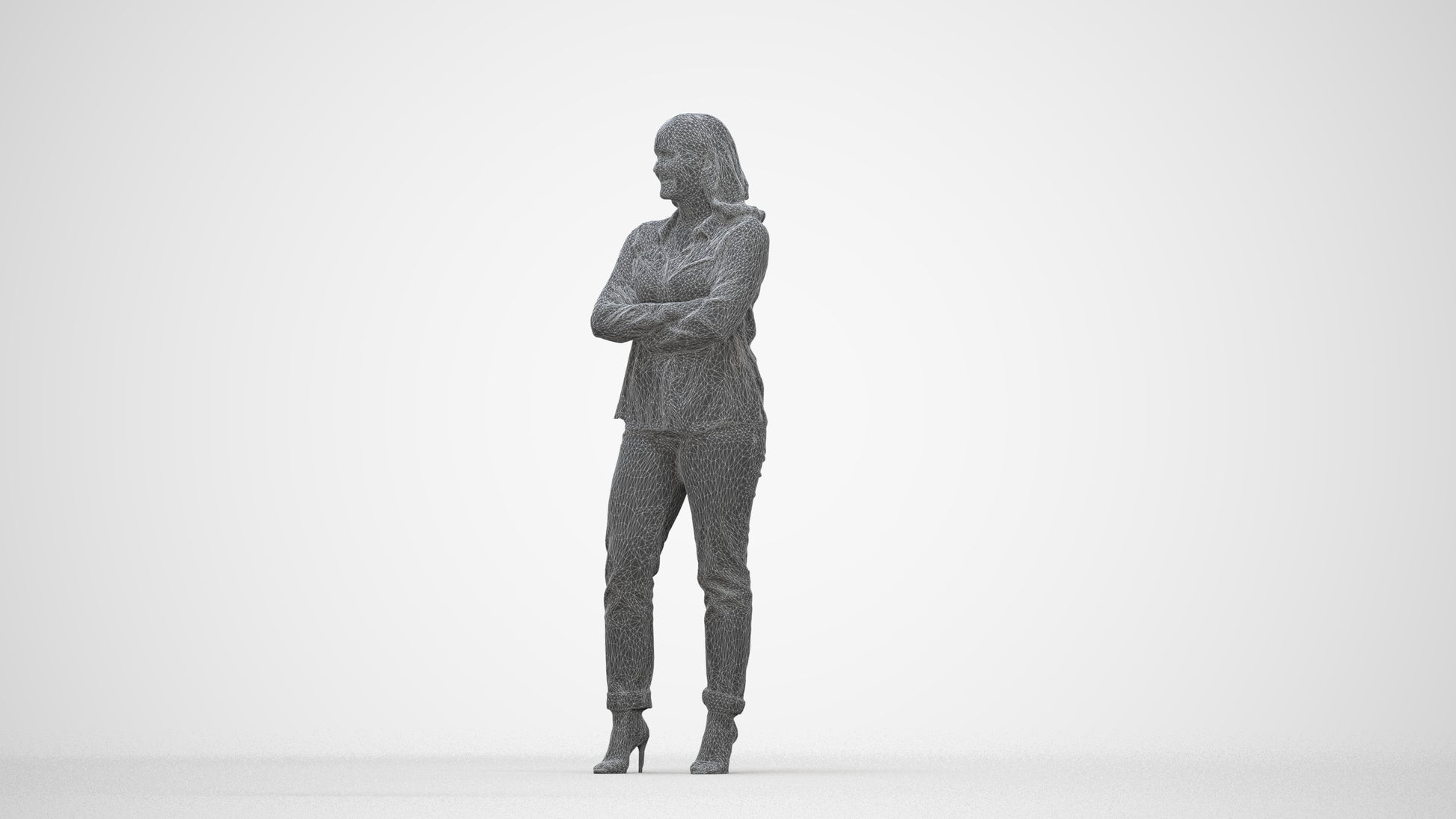 3D scanned woman standing casual, photorealistic archviz people for Enscape and SketchUp, wireframe back view