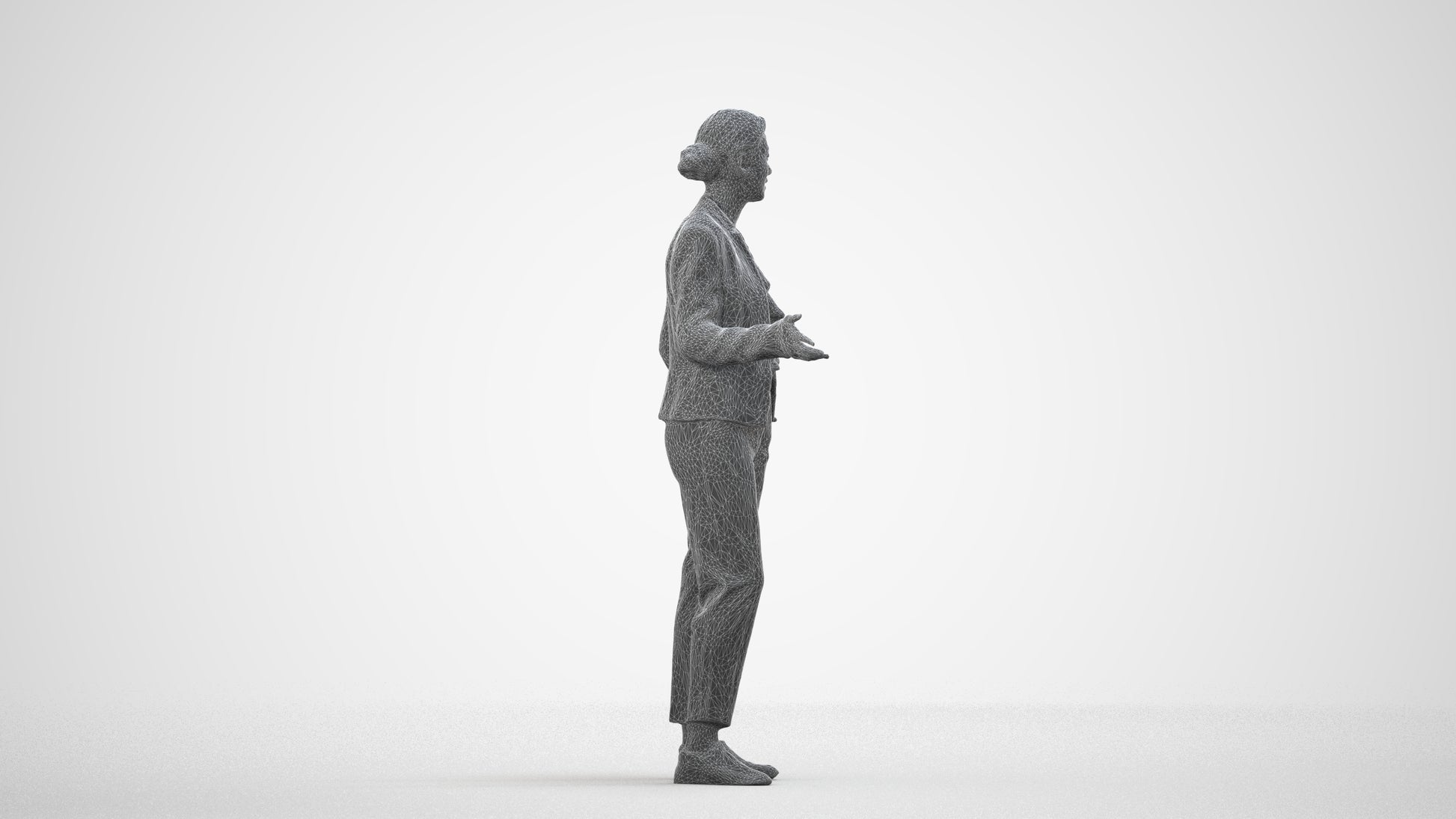 realistic 3D people woman business standing, render-ready for V-Ray and Corona, FBX OBJ, wireframe side view