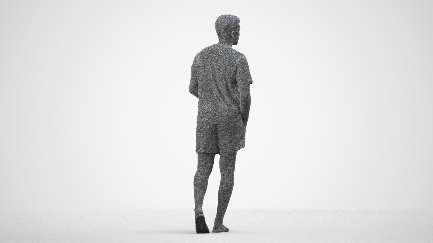 3D scanned man walking casual, photorealistic archviz people for Enscape and SketchUp, wireframe side view