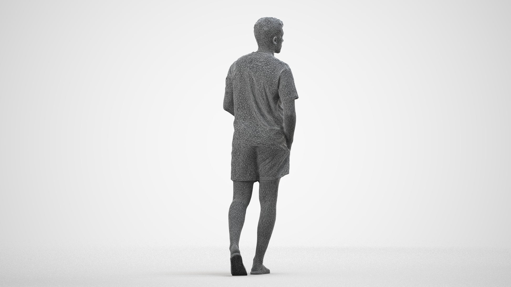 3D scanned man walking casual, photorealistic archviz people for Enscape and SketchUp, wireframe side view