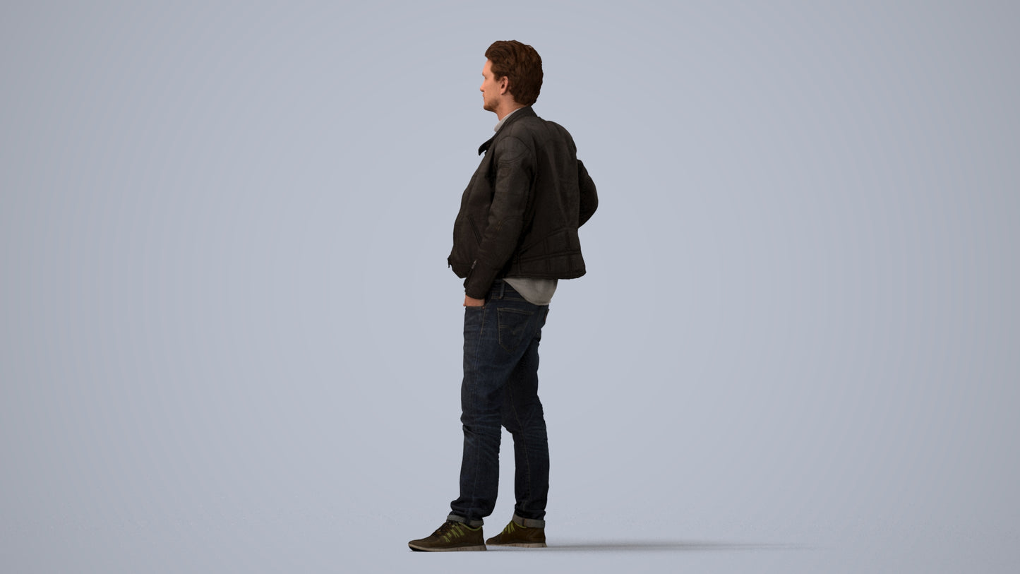 3D human model man casual standing, photogrammetry scanned person for archviz, three-quarter view render