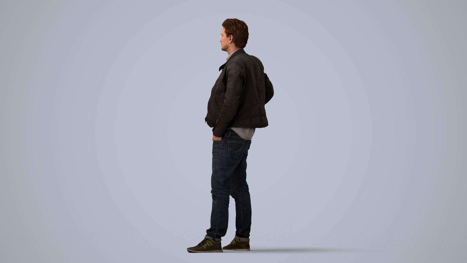 3D human model man casual standing, photogrammetry scanned person for archviz, three-quarter view render